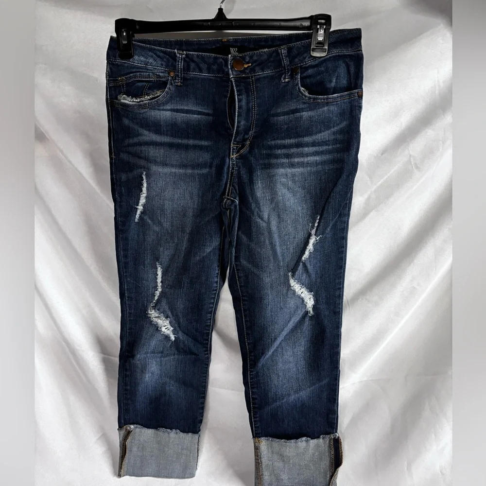 1822 Denim Dark Blue Distressed Ankle Jeans - Picture 1 of 6